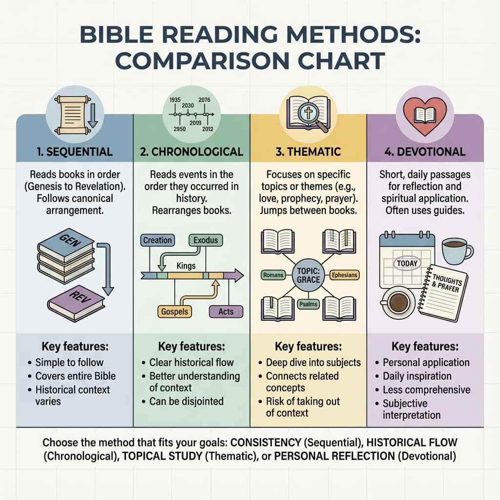 Comparison chart showing sequential, chronological, thematic, and devotional Bible reading methods
